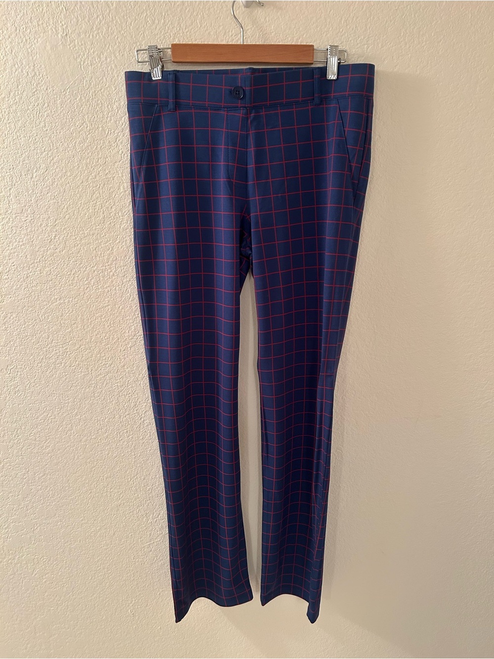 Betabrand Navy Chinos with Red Windowpane